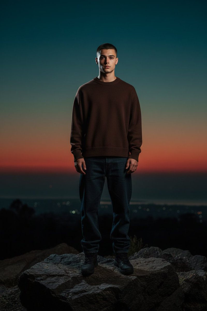 A full-body portrait of a man standing on a rock at sunset, wearing a dark brown sweater and loose dark jeans against a vibrant twilight sky.