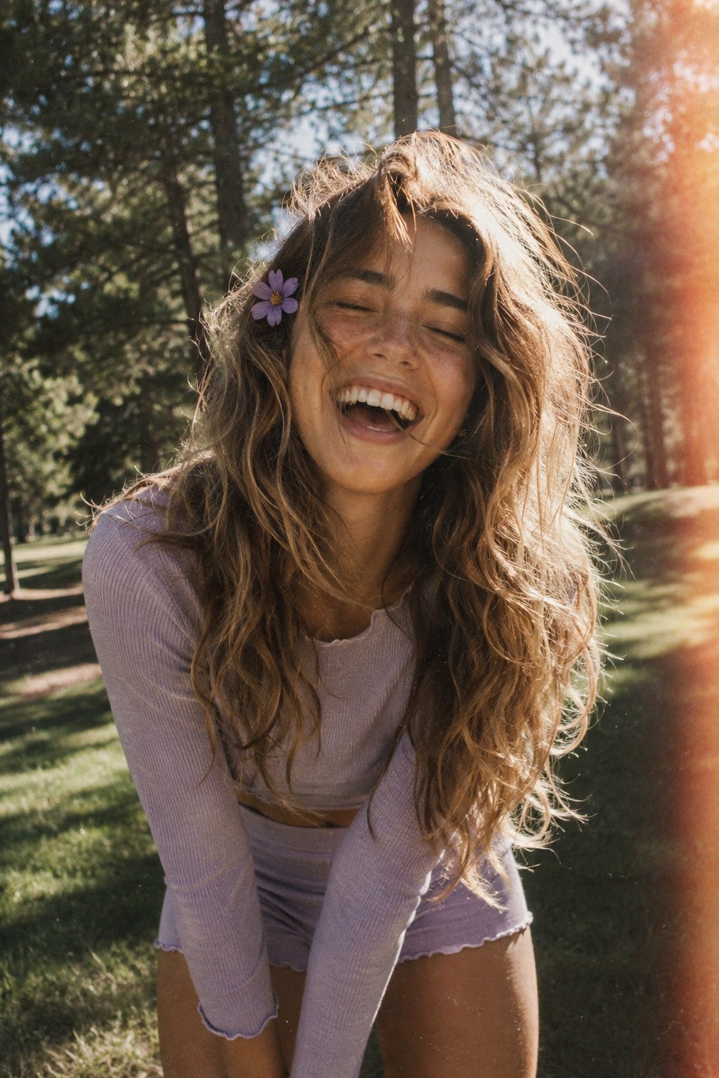Laughing In Park Lavender Outfit Golden Light