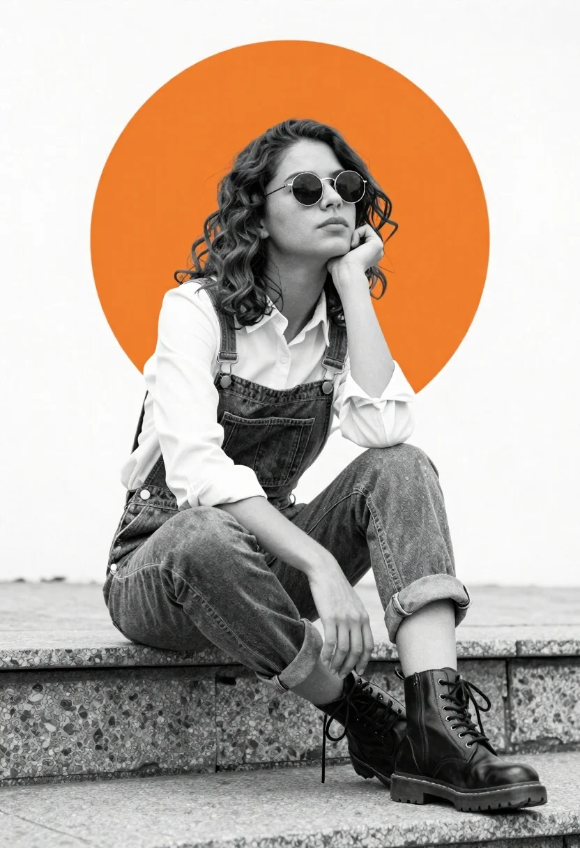 A woman sits casually on a stone ledge, hand under chin, soft lighting creates gentle shadows.
