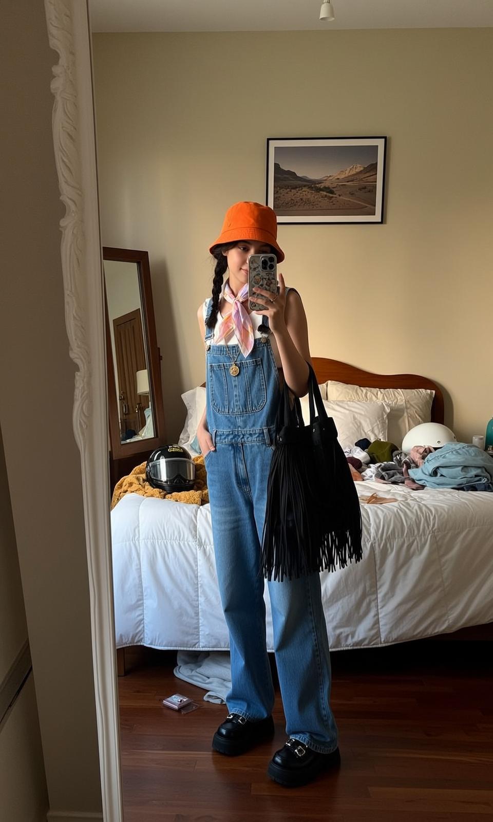 Denim Overalls Mirror Selfie in Bedroom