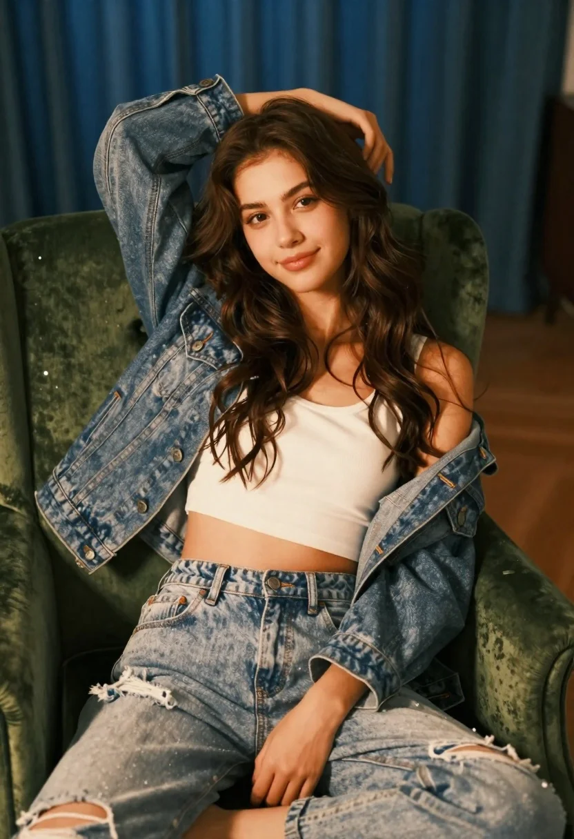Young Woman With Long Wavy Brown Hair Sits Relaxed Pose reference photo