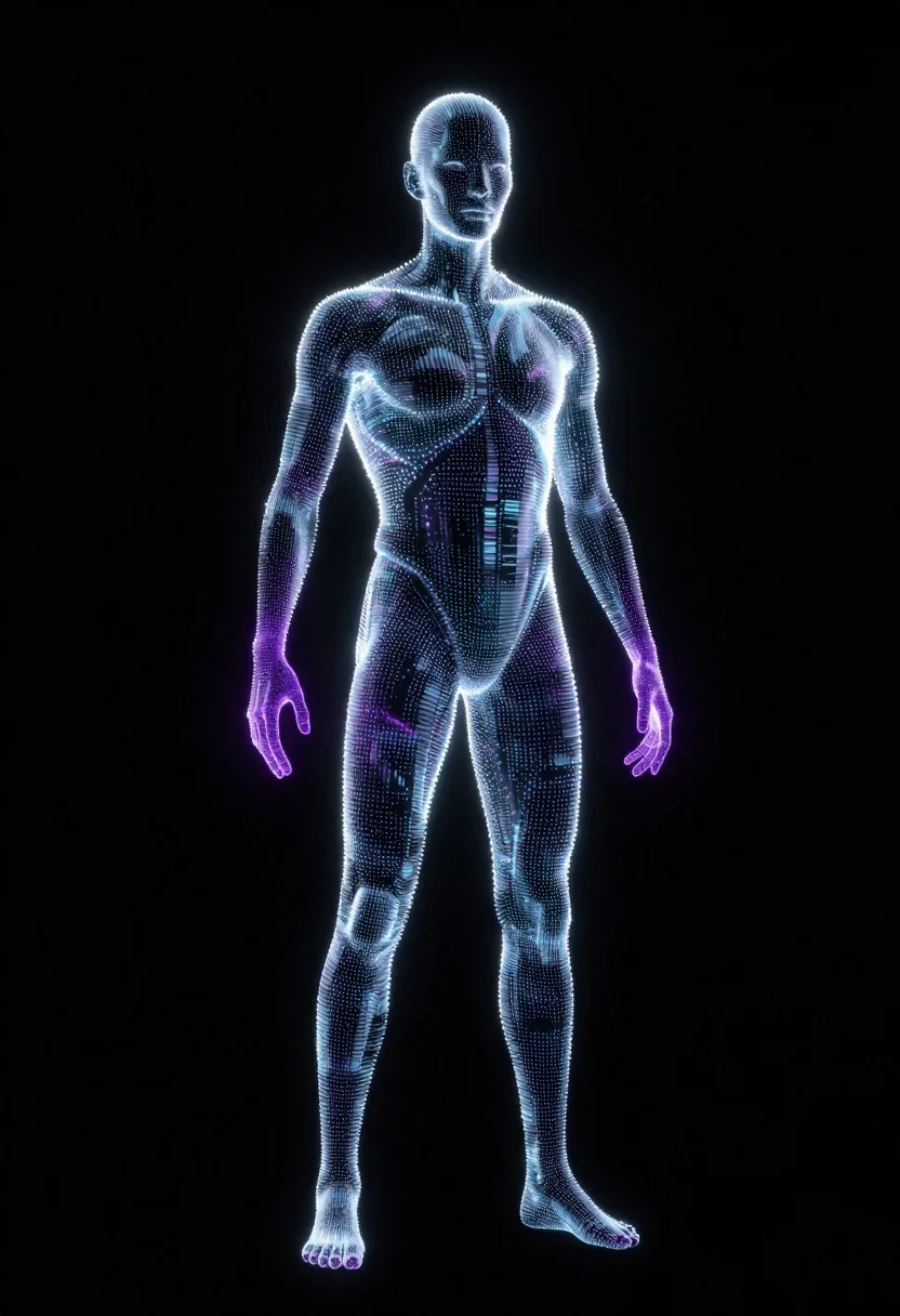 Digital Art Holographic Humanoid Figure Composed Glowing Particles Against Pitch-black reference photo