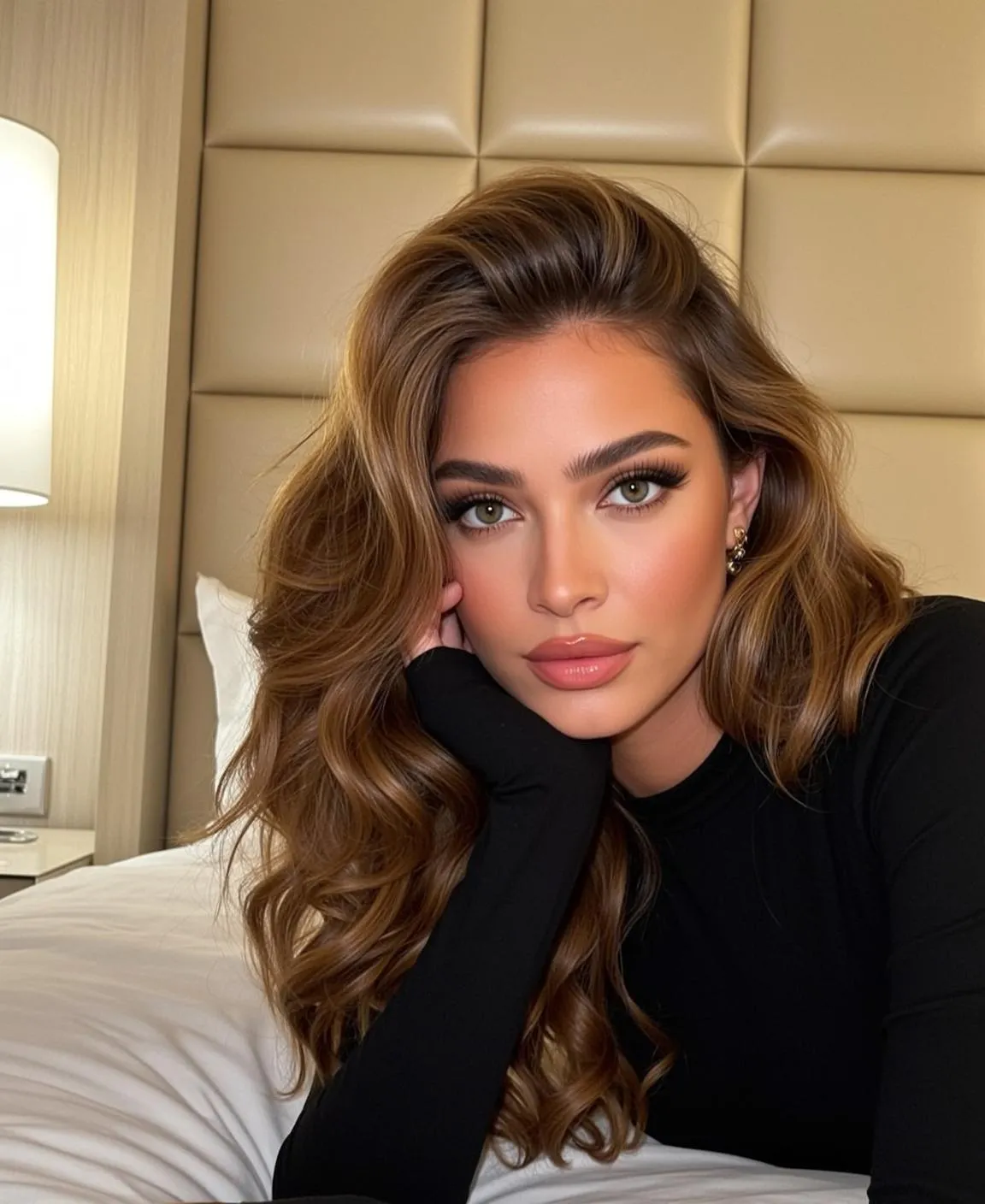 Bedroom Portrait Long Wavy Brown Hair Gold Hoops