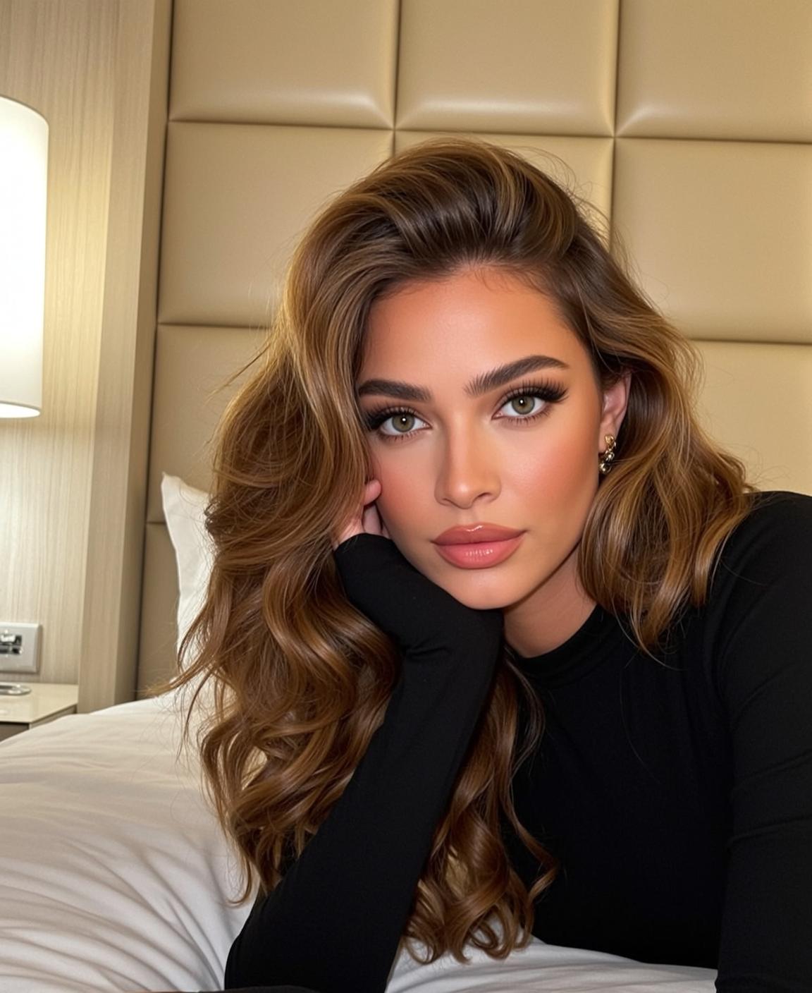 Bedroom Portrait Long Wavy Brown Hair Gold Hoops