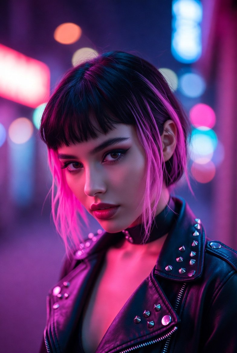 Close-up portrait of a beautiful young woman with pink highlights wearing neon-lit visor glasses against a dark, bokeh background.