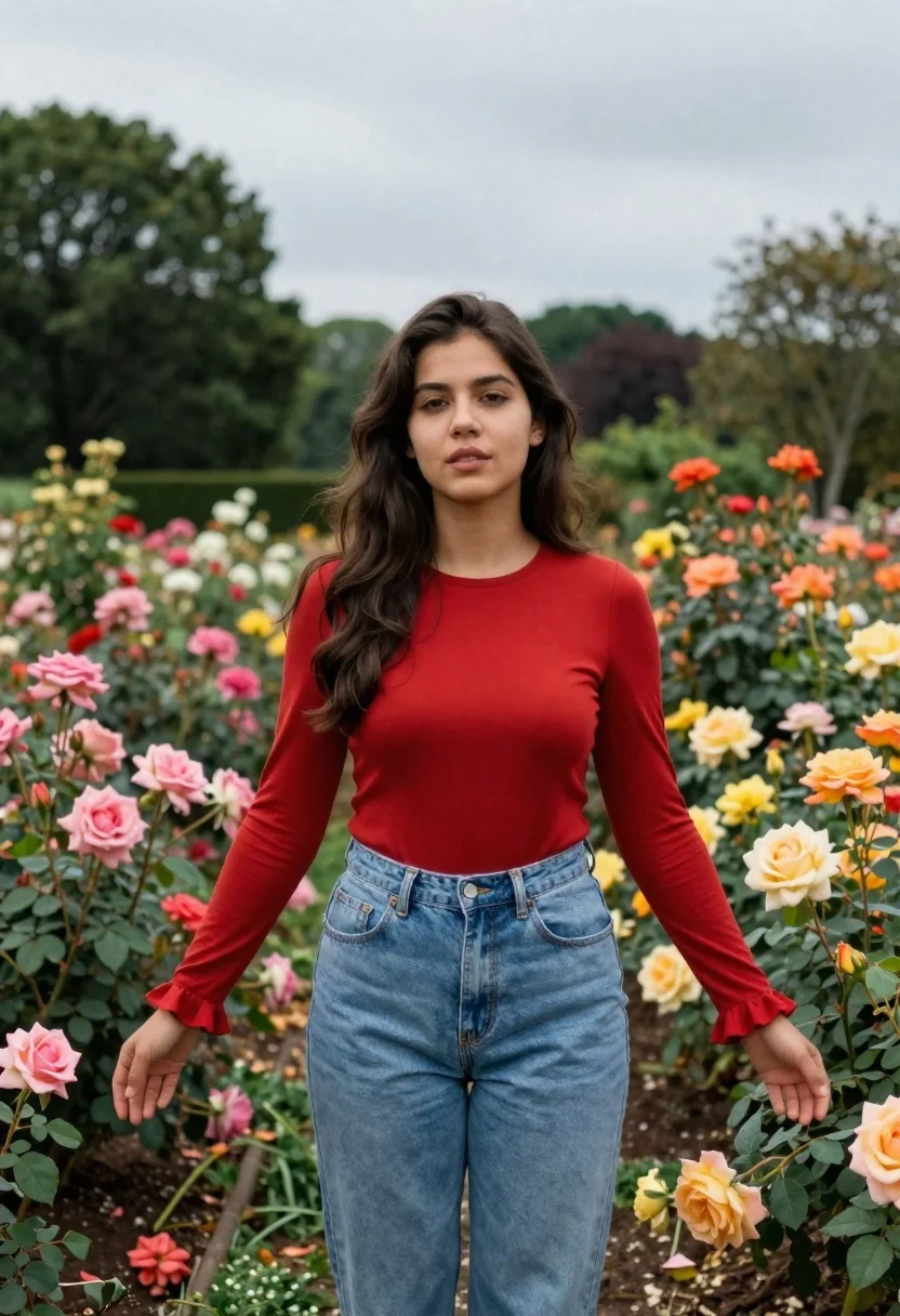 Young Woman With Long Dark Hair Stands Lush Garden Filled reference photo