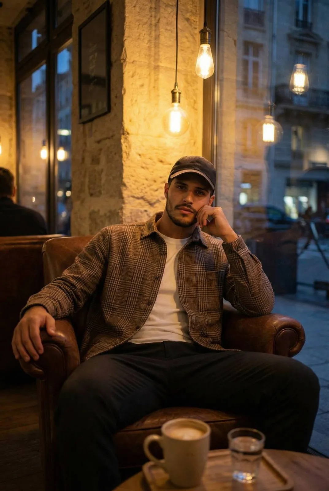 Realistic Man Cozy Evening Cafe Portrait