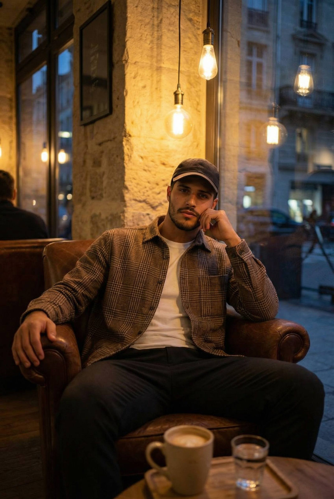 A young man in a brown plaid overshirt sits calmly in a leather armchair at a cozy café, warm lighting highlighting his relaxed expression.