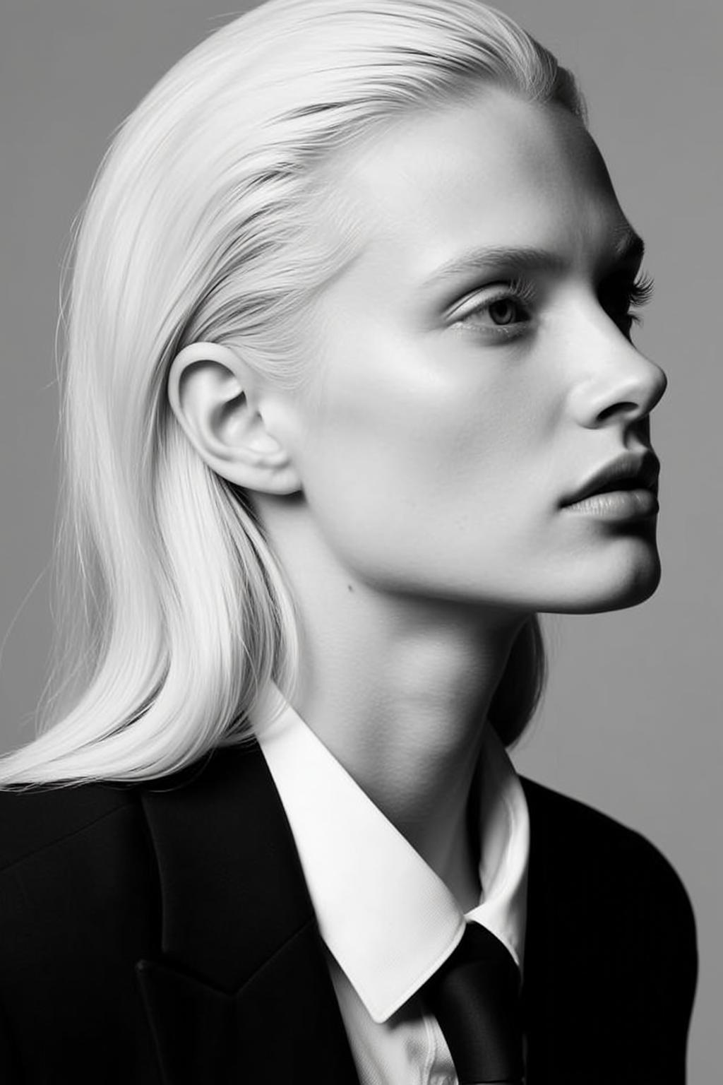 Photorealistic Portrait Pale-skinned Woman With Striking Platinum Blonde Hair Styled