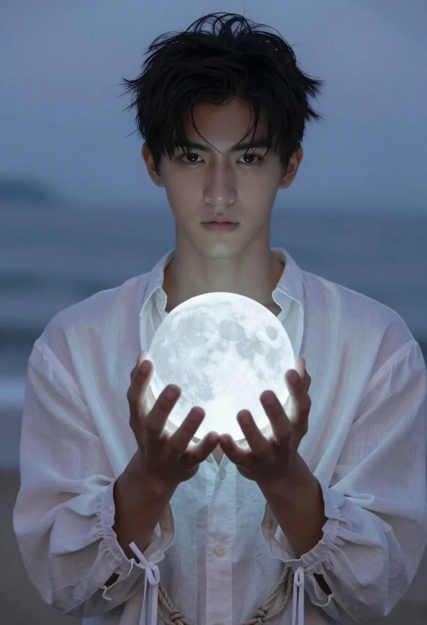 A young man with dark tousled hair gazes directly at the viewer while cupping a glowing full moon in a softly lit setting.