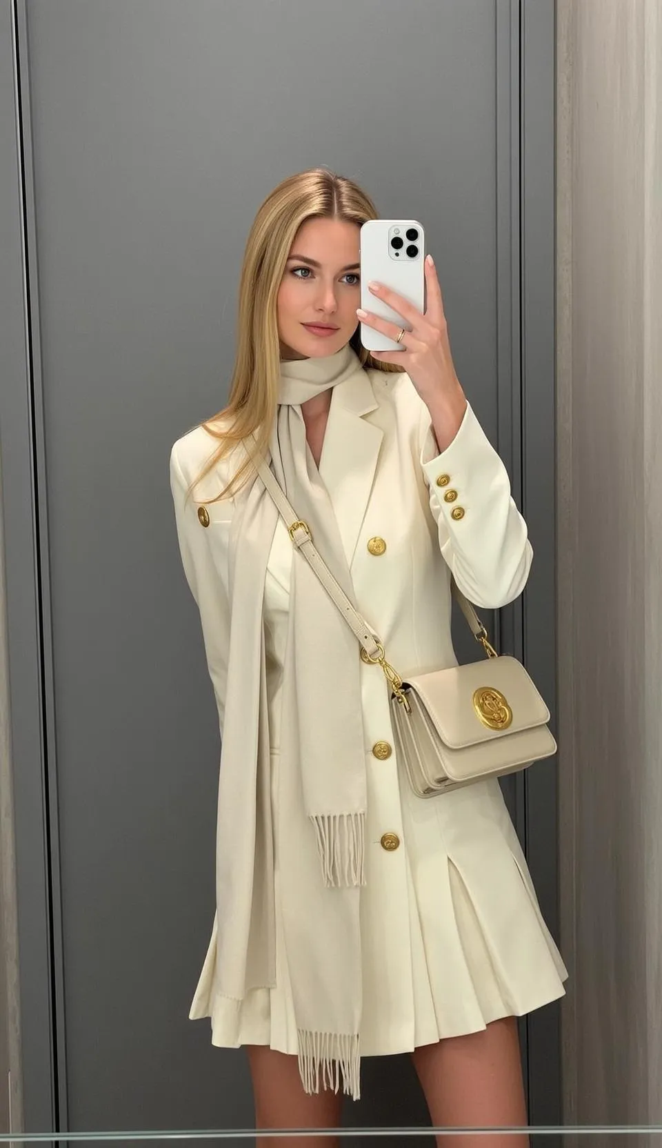 Blonde Woman Cream Blazer Dress Selfie Grey Wall