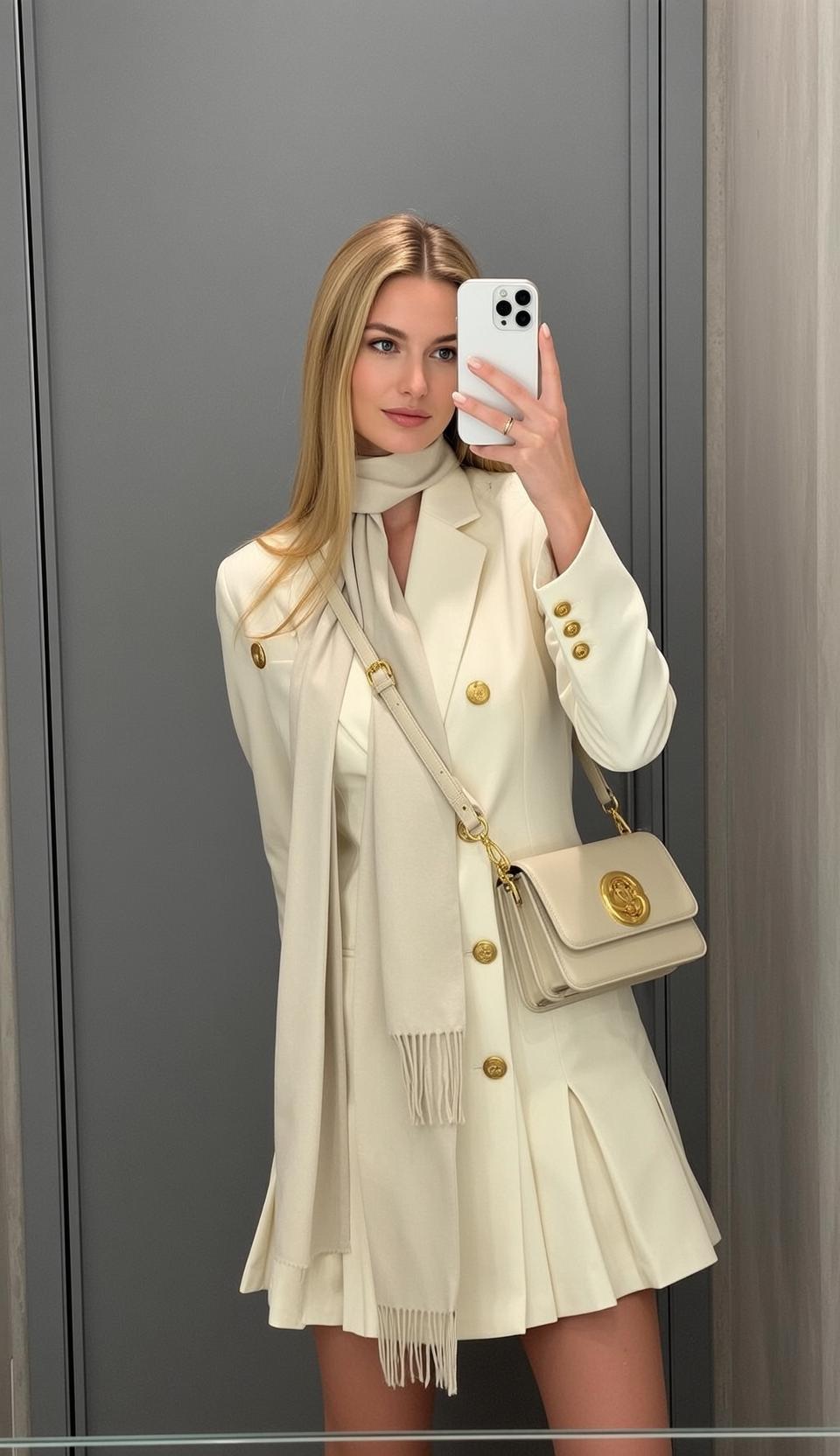 Blonde Woman Cream Blazer Dress Selfie Grey Wall