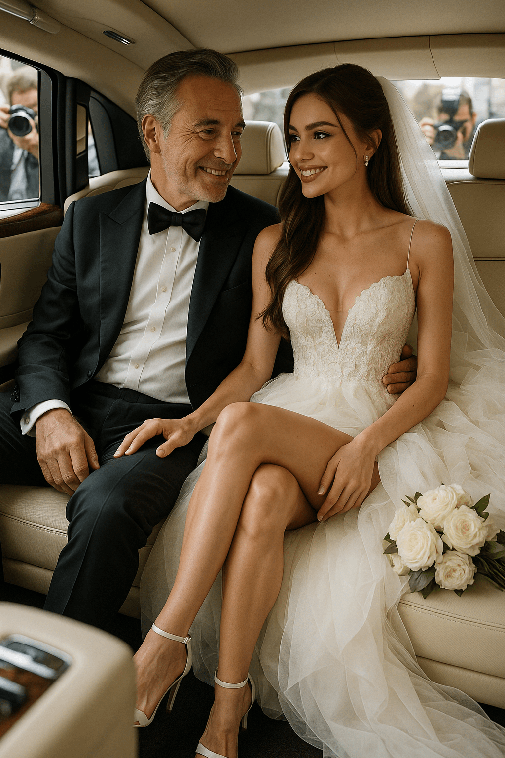 Bride In White Lace Gown Luxury Car Backseat With Roses