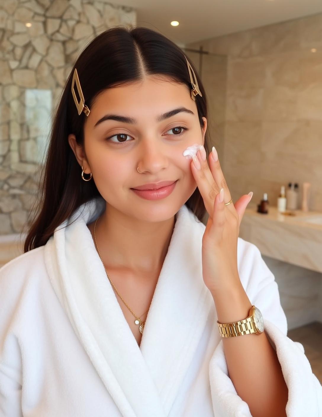 Woman Applying Cream White Bathrobe Gold Necklace reference photo