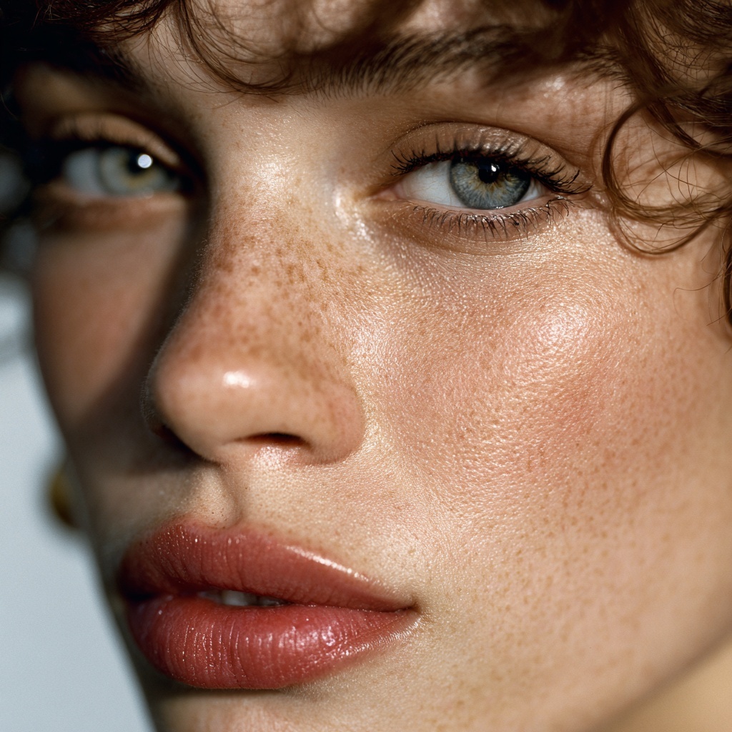 Elegant editorial portrait showcasing glowing skin, soft golden light, and a refined background.
