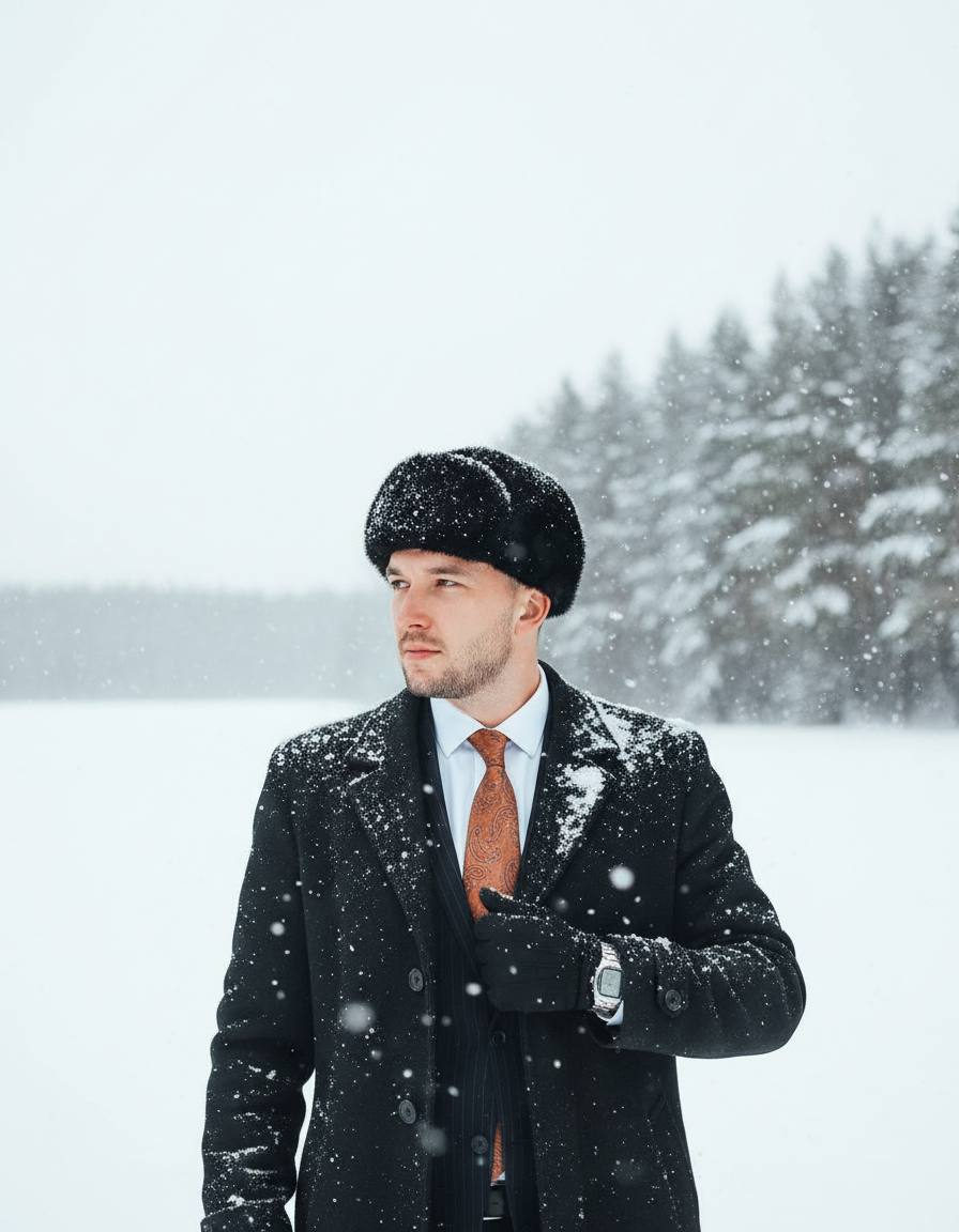 Winter male portrait in a snowfall on an open meadow, wearing a fur hat and dark wool coat, snow on his shoulders.