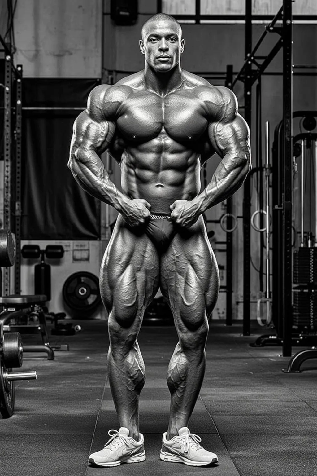 Very Muscular Bodybuilder Shaved Tan Briefs Standing