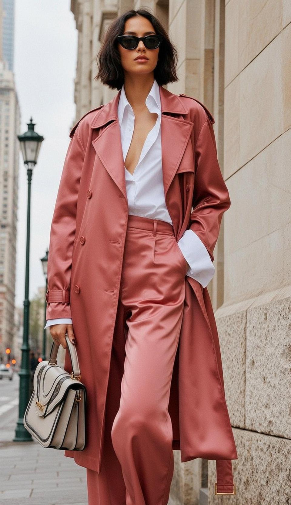 Rose Gold Trench Coat Woman Walking Handbag