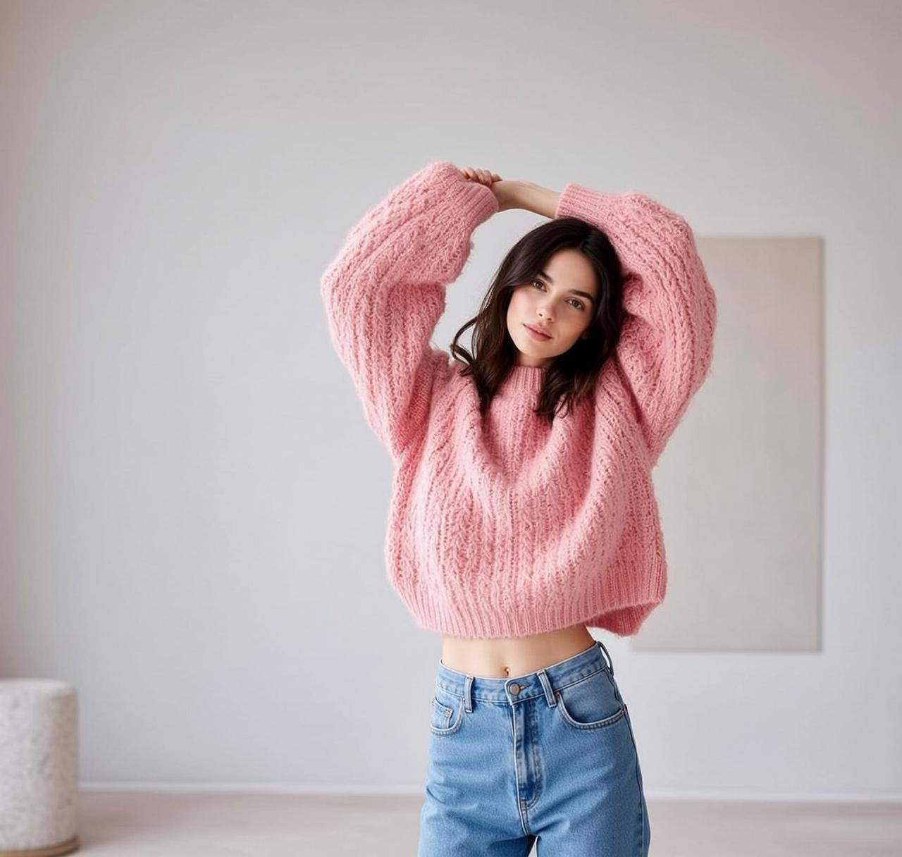 Pink Knit Sweater Barefoot In Soft Light
