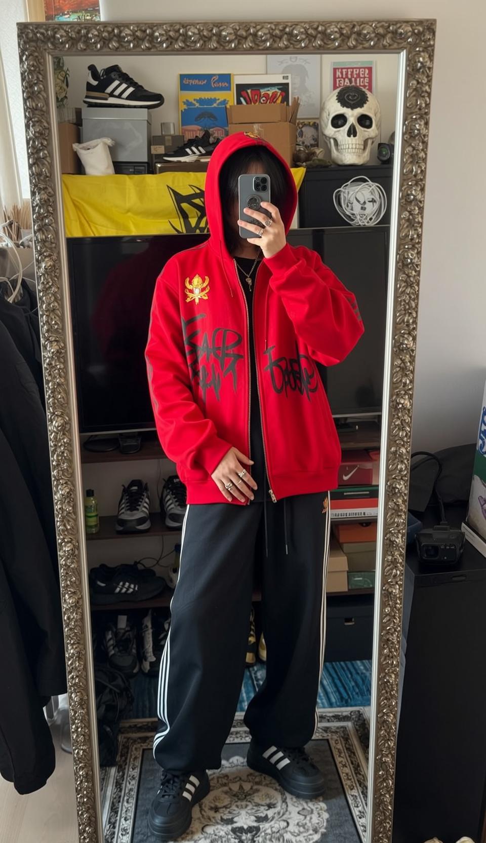 Red Hoodie Selfie Black Track Pants