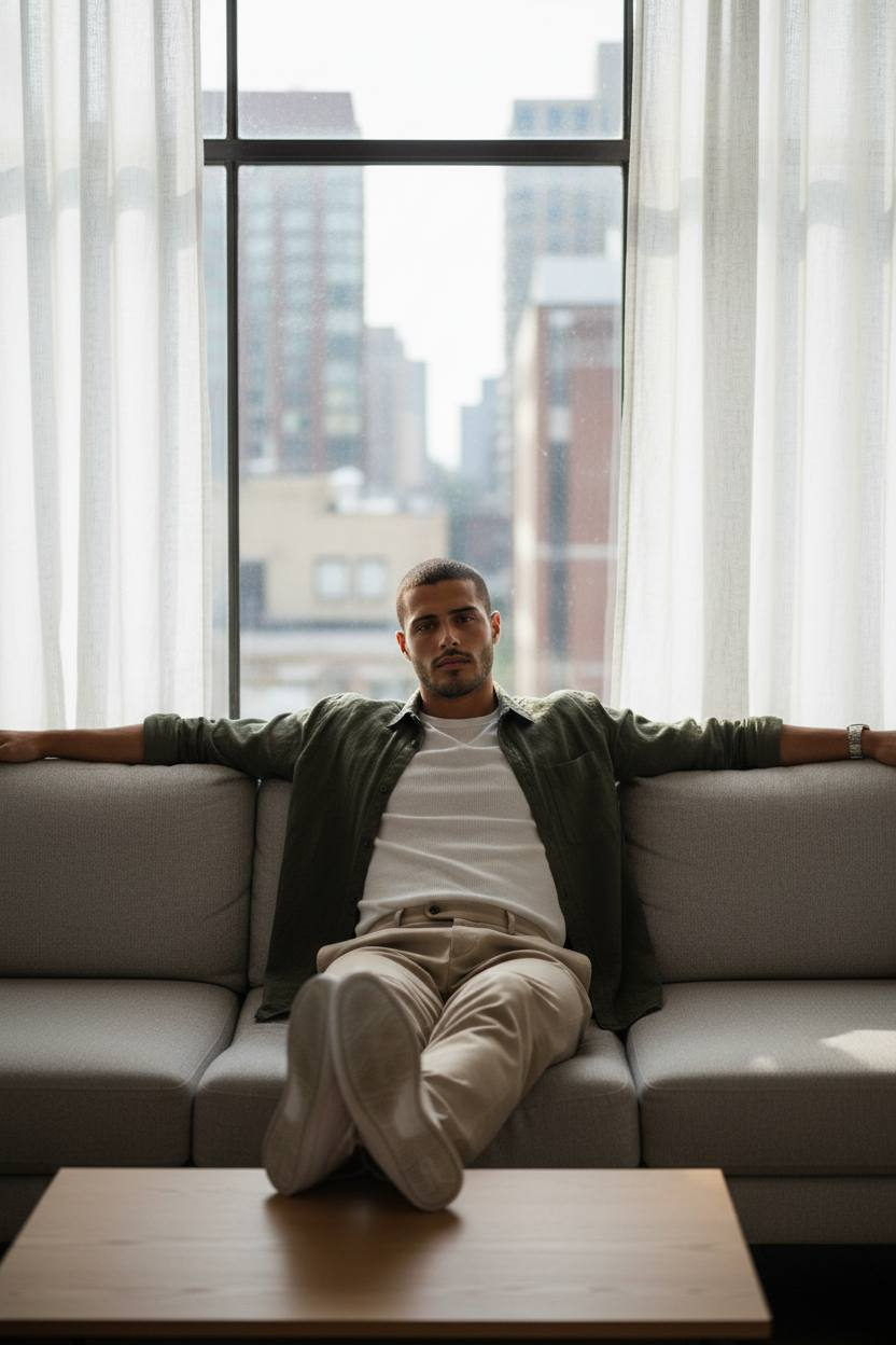 A calm morning scene featuring a person relaxing on a modern sofa in a loft with a large window, bathed in soft natural light.