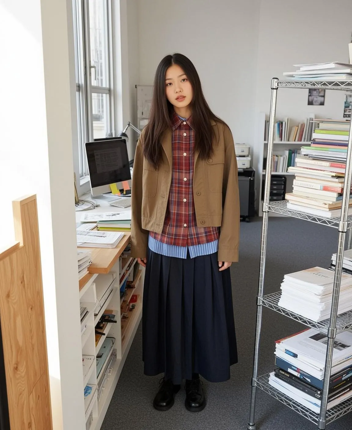 Blue Shirt Straight Hair Office Standing