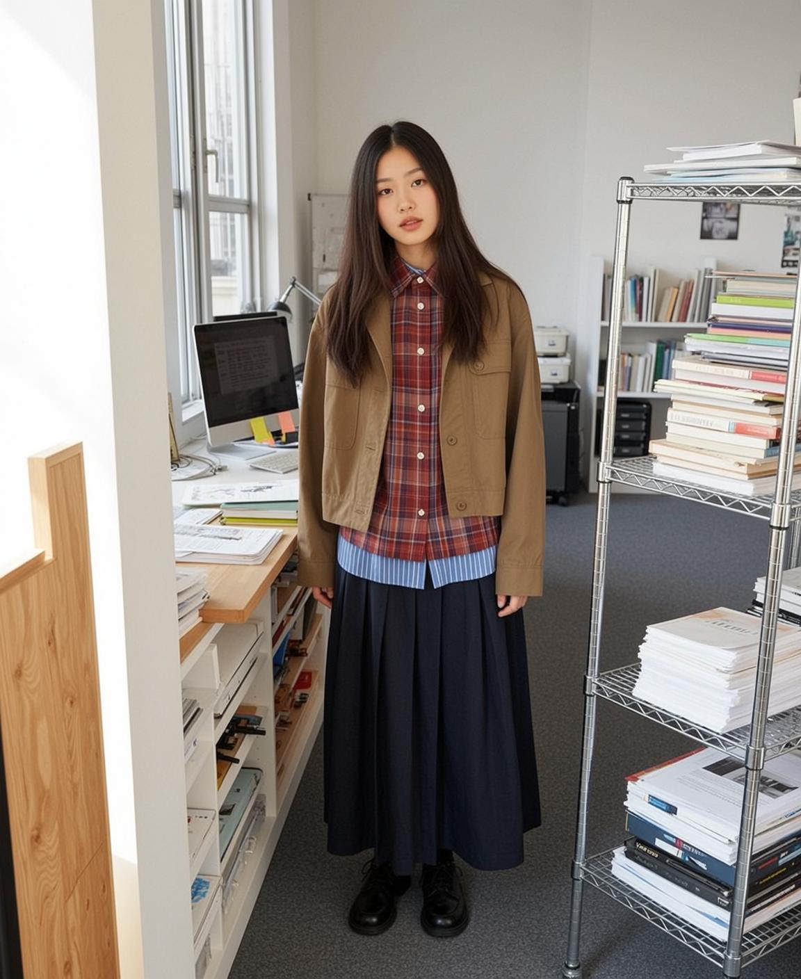 Blue Shirt Straight Hair Office Standing