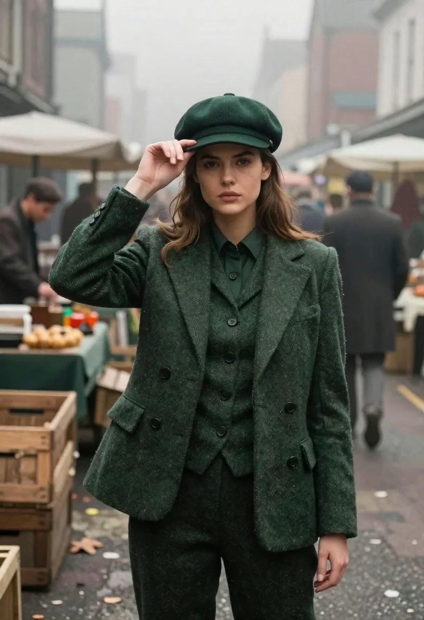 Confident young woman standing in a foggy vintage city street market, soft natural light creating a moody atmosphere.