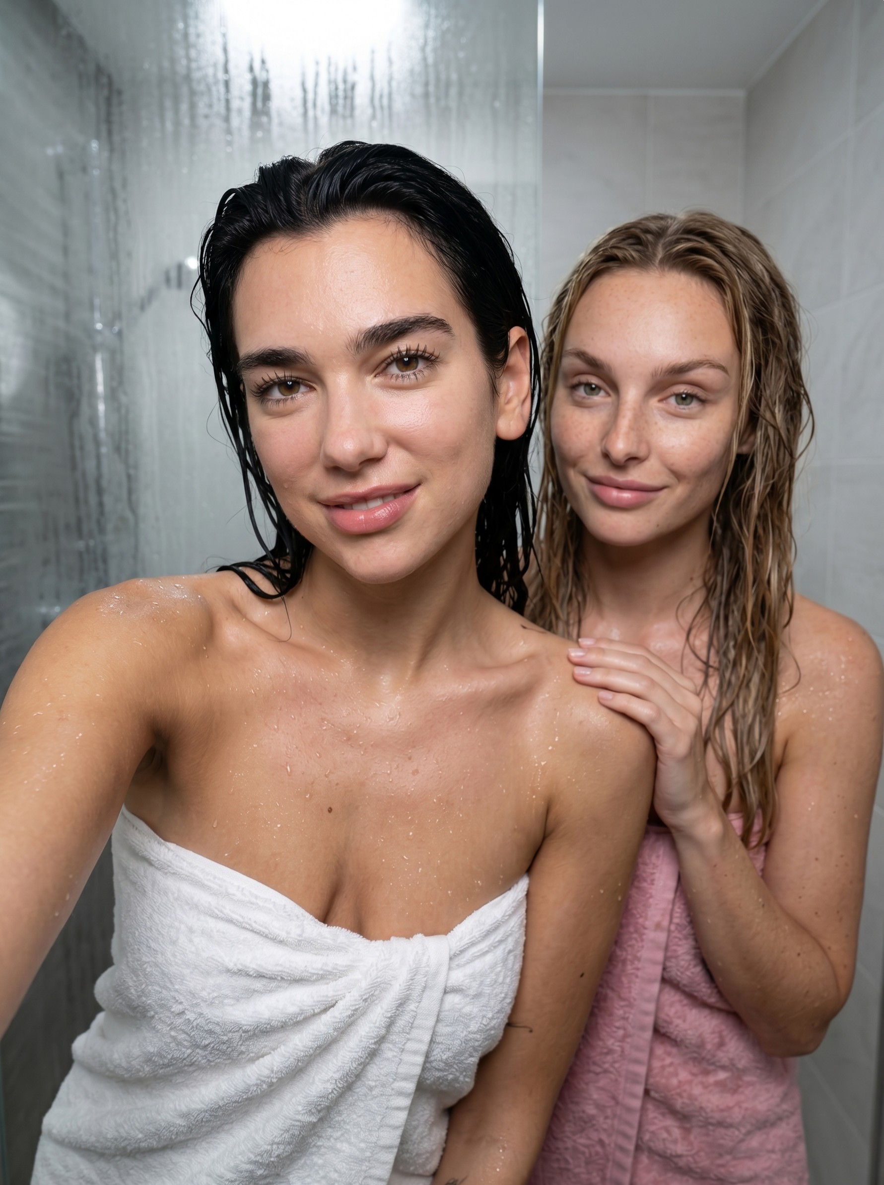 Two Women In Tiled Shower Stall Selfie