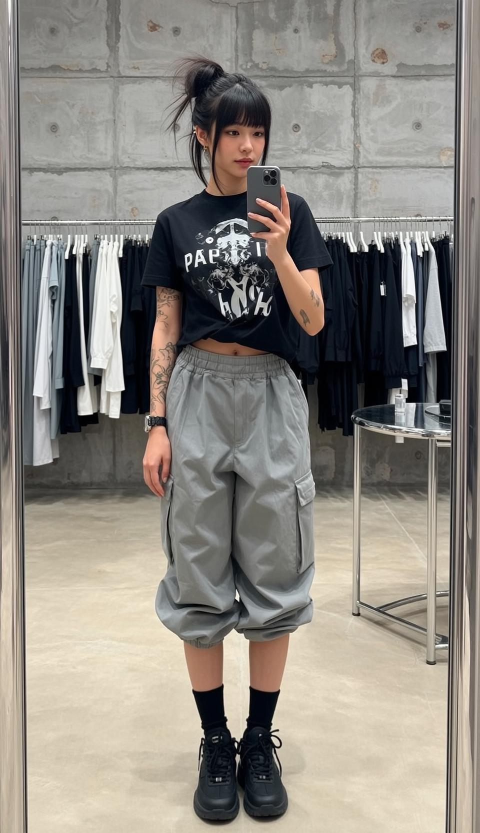Black Shirt Bun Hair Mirror Selfie
