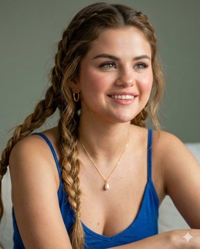 Photorealistic portrait of a woman with light brown hair in two braids, smiling warmly against a sage-green wall.