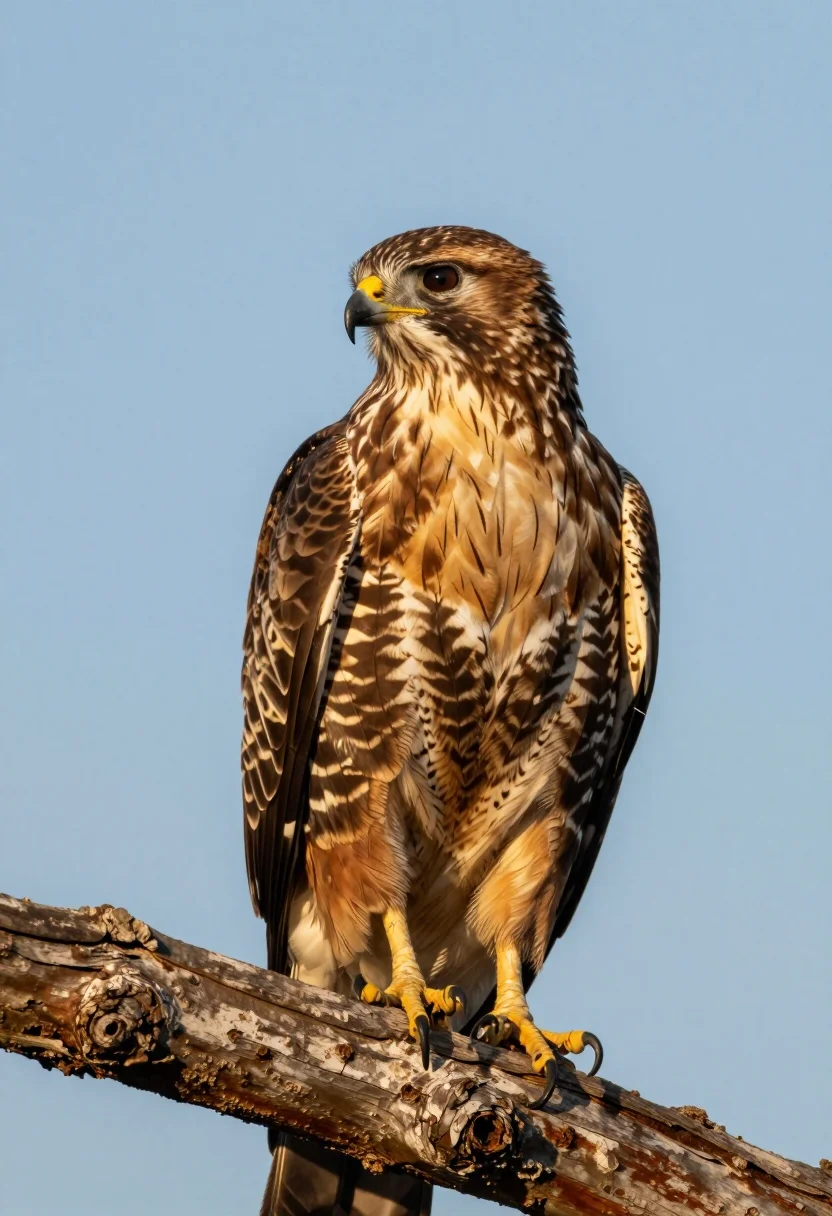 Majestic Hawk Perched Weathered Tree Branch Against Clear Blue Sky
