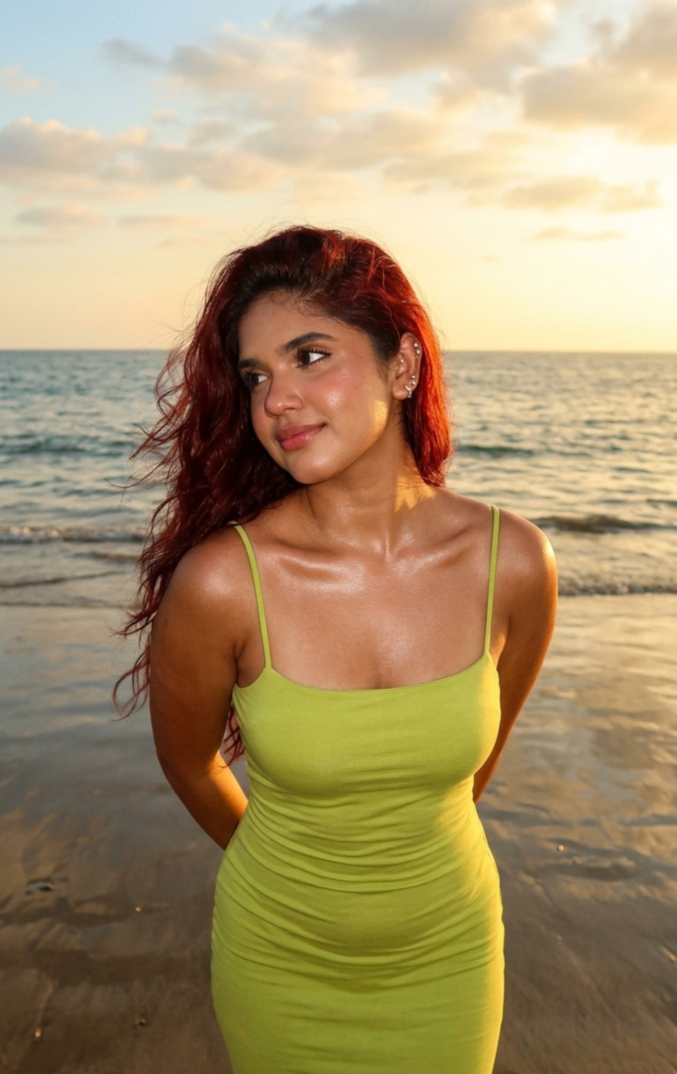 Girl In Lime Green Dress Sunset Sea Shore