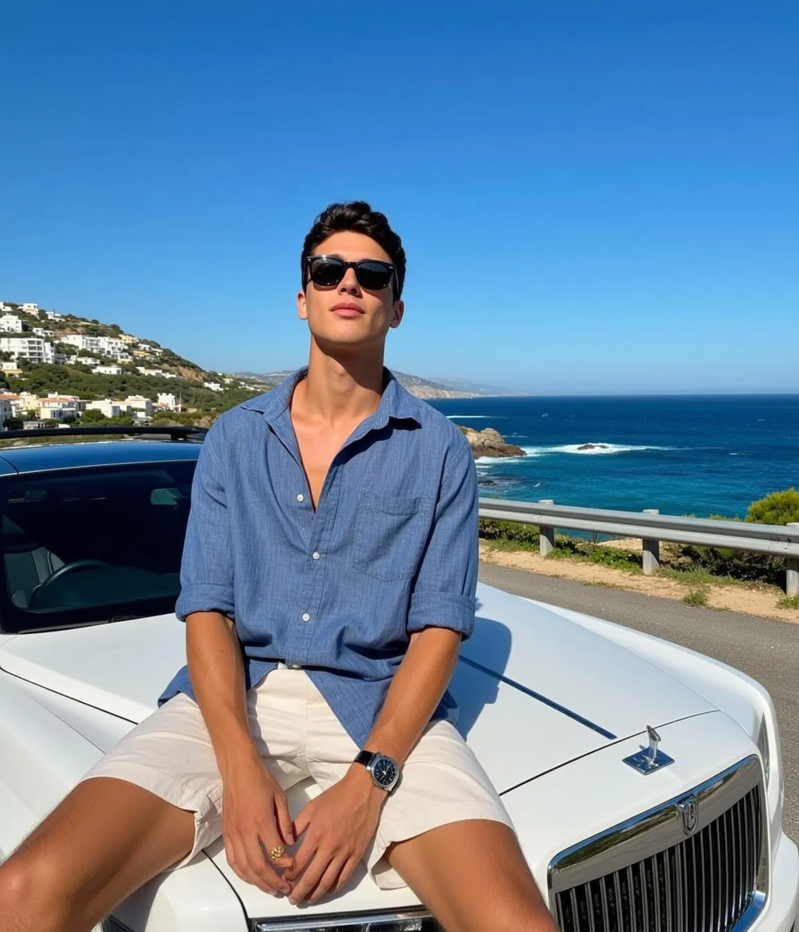 Sunglasses And Rings With Unbuttoned Blue Linen Shirt