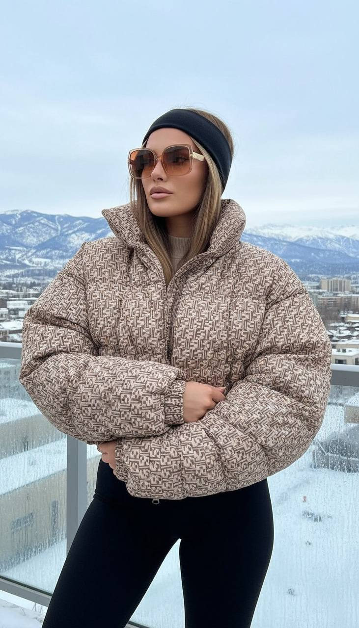 Macro portrait of a woman in a puffer jacket with geometric print, relaxed pose on a terrace with snowy mountains in the background.