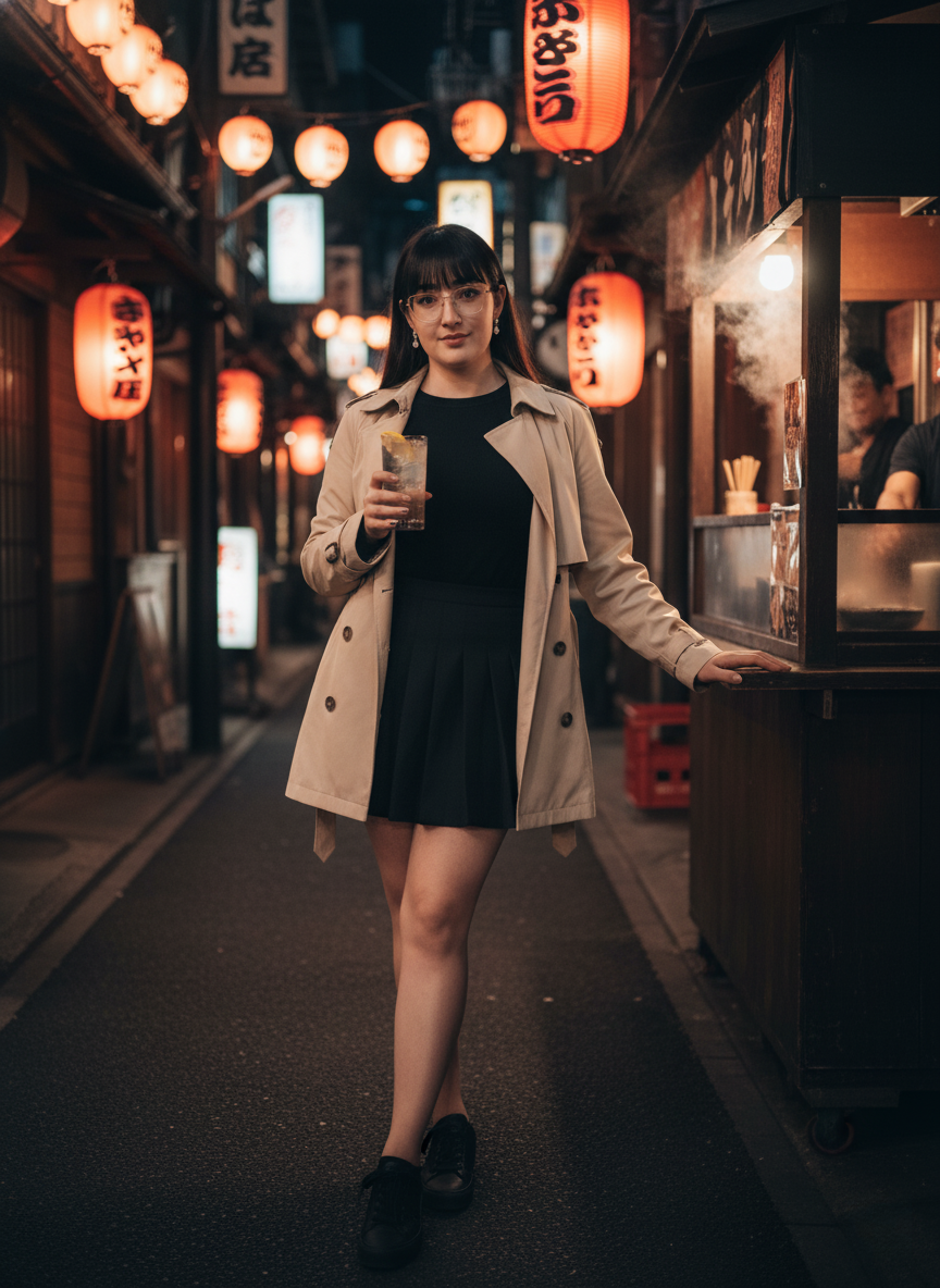 Uma mulher elegante em um beco japonês iluminado por lanternas, segurando uma bebida com limão.