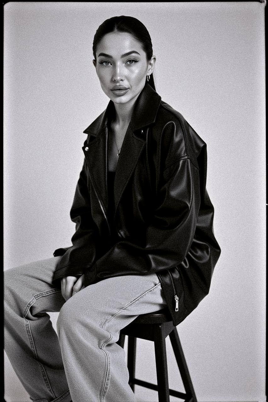 A woman in an oversized leather jacket and jeans, slicked back hair, seated on a stool, captured in a raw editorial studio light.