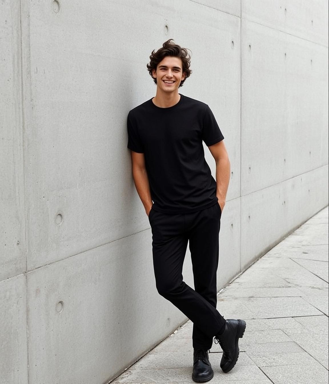 Black Outfit Concrete Wall Lean