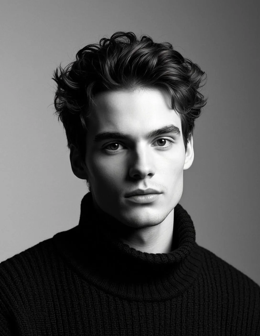 Photorealistic Medium Shot Portrait Young Man With Dark Wavy Tousled