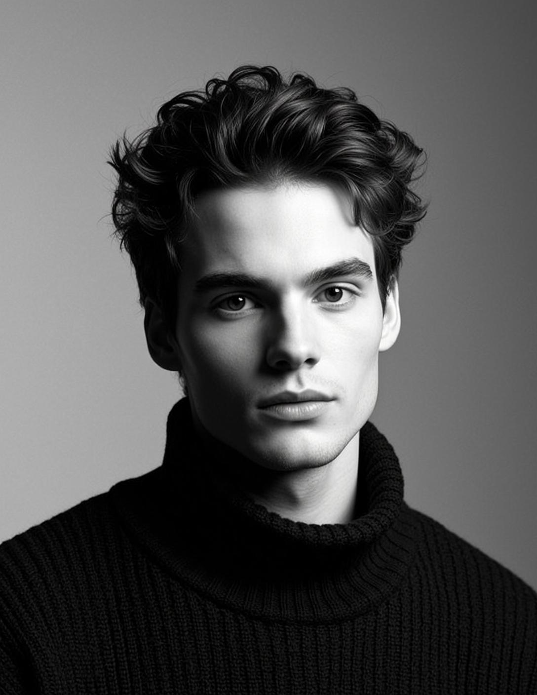 Photorealistic Medium Shot Portrait Young Man With Dark Wavy Tousled