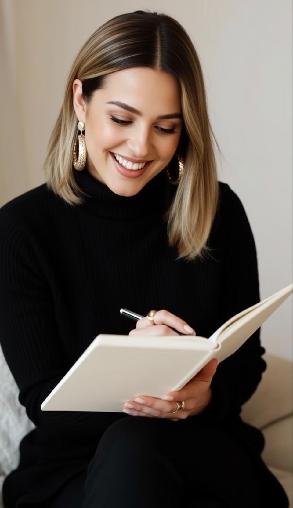 Luxury Blonde Shoulder-length Highlights Fair Black Turtleneck