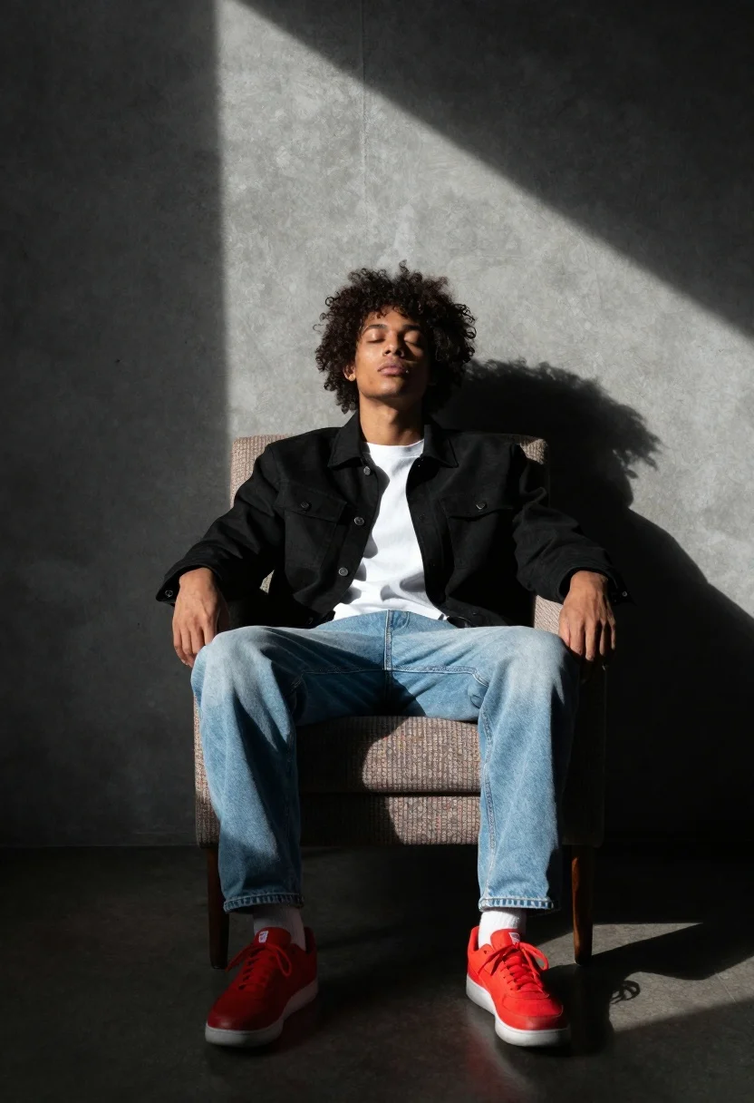 Cinematic Portrait Young Man With Curly Hair Sitting Armchair Minimalist reference photo