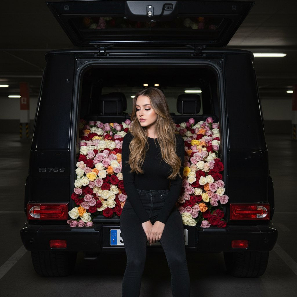 A stylish woman with long Money hairstyle posed in a Mercedes G-Wagon trunk filled with colorful roses, looking thoughtfully at the flowers.