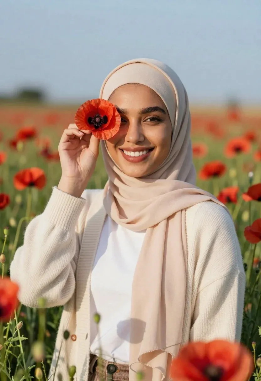 Smiling Woman Wearing Beige Hijab Stands Field Red Poppies Holding