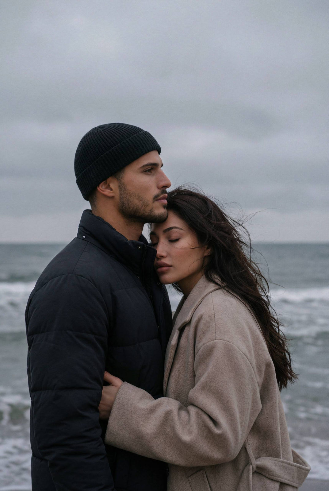 A couple standing close, embracing against a grey seascape, conveying intimacy and tranquility.