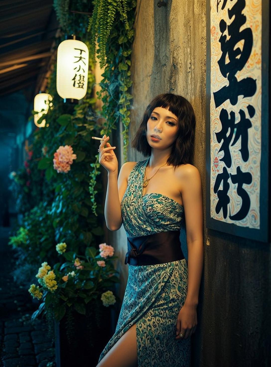 Woman Concrete Wall Paisley Dress Smoke