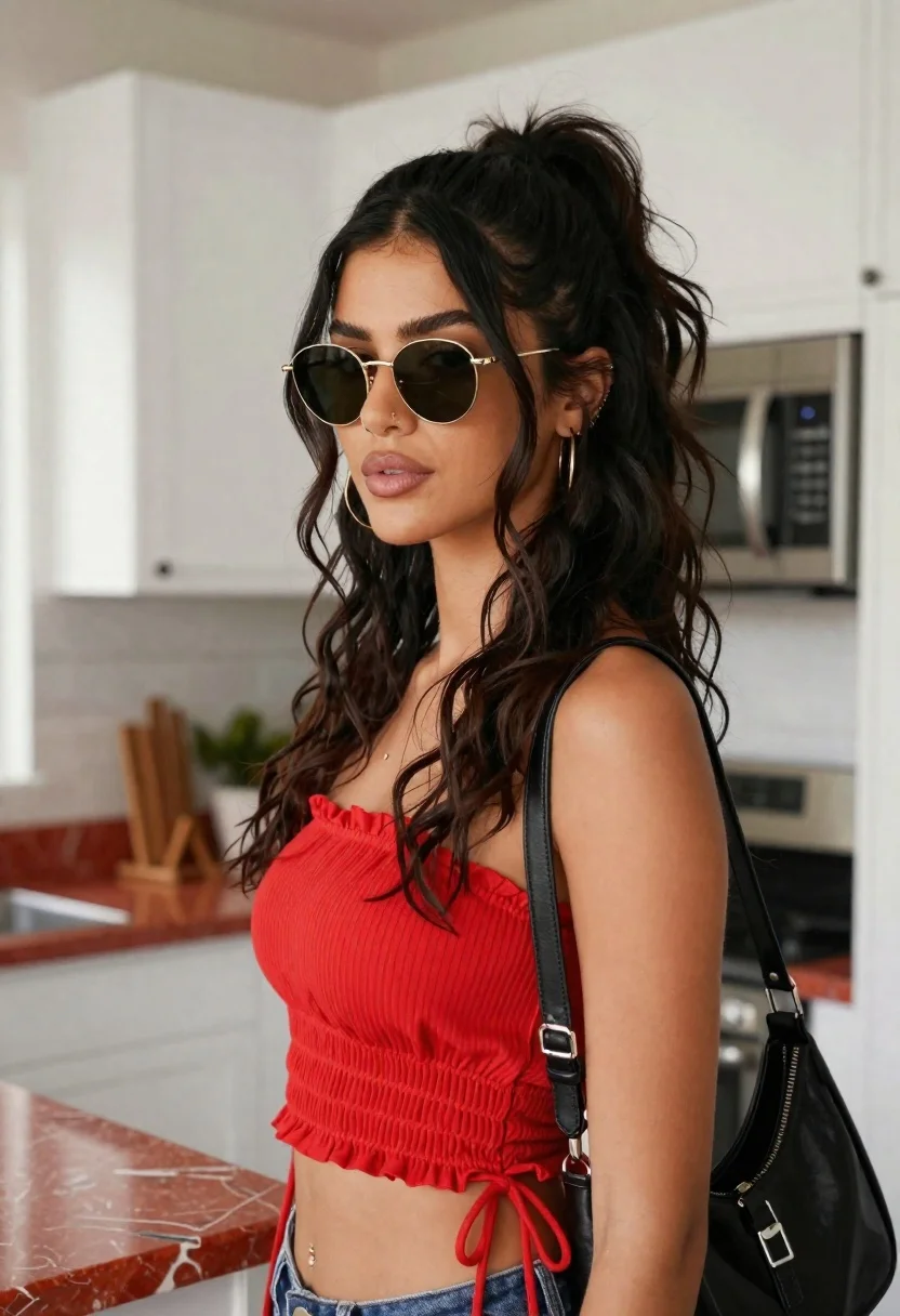 Stylish Woman With Long Dark Wavy Hair And High Ponytail reference photo