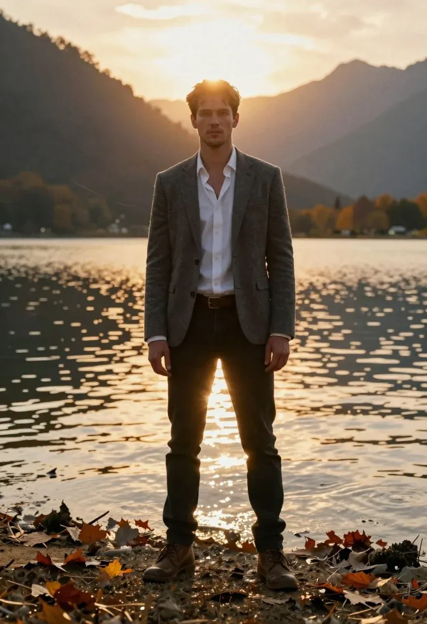 Cinematic Portrait Young Man Standing The Water Edge Shallow Lake