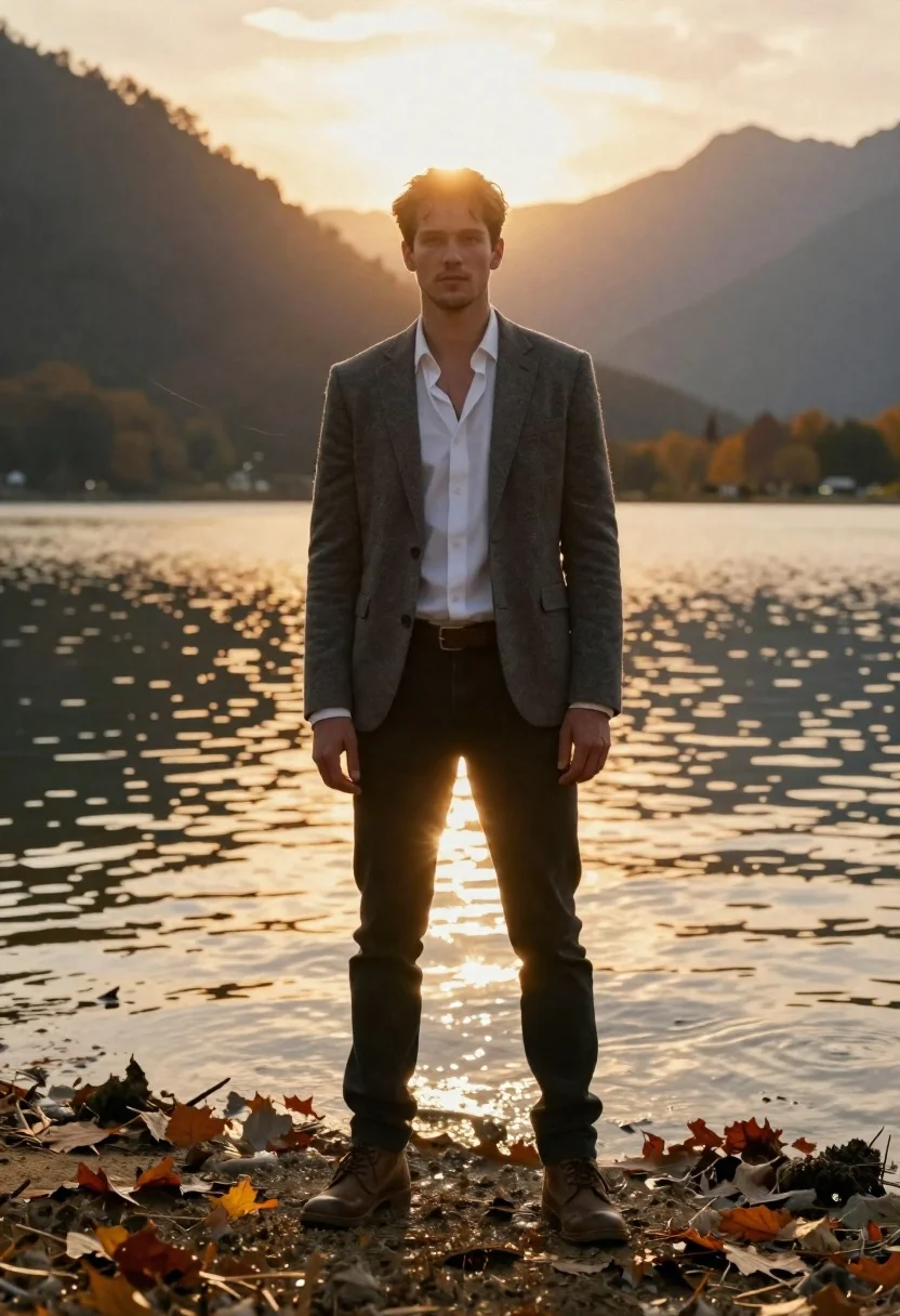 Cinematic Portrait Young Man Standing The Water Edge Shallow Lake reference photo