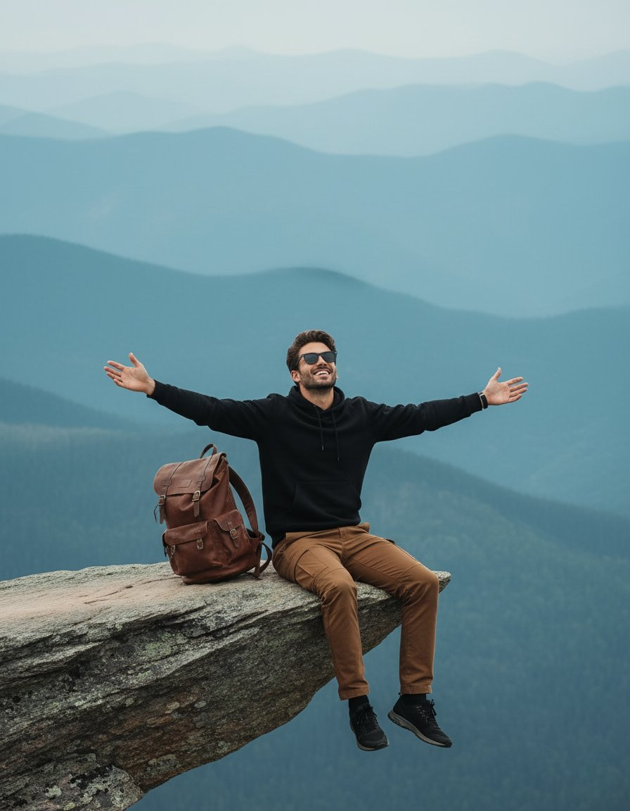 Person sitting confidently on a rocky cliff with arms outstretched, wearing sunglasses and a hoodie, surrounded by blue-green mountains.